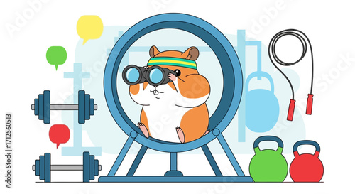 Hamster Observing Fitness Equipment In A Wheel While Wearing Binoculars