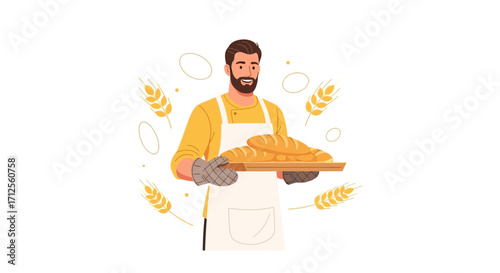 Happy Baker Holding Freshly Baked Loaves Of Bread, Ready For Delivery Or Enjoyment