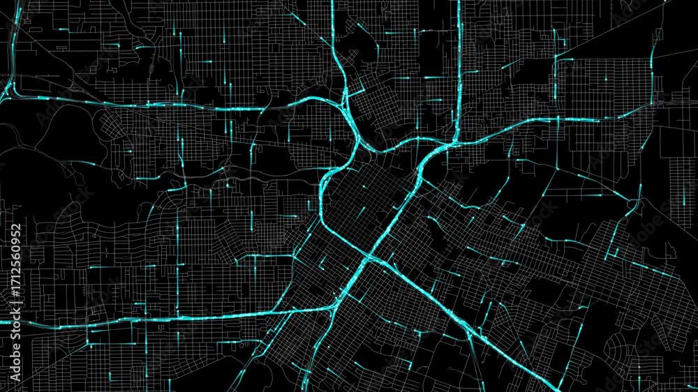 Traffic Flow Simulation Map Urban Traffic Flow Map Simulation in Houston, Texas, GPS Smart city ...