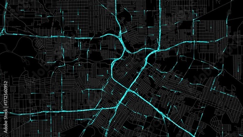 Urban Traffic Flow Map Simulation in Houston, Texas, GPS Smart city route Transportation