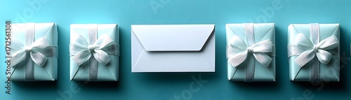 Minimalist arrangement of light blue gift boxes with silver ribbon and white envelope on teal background