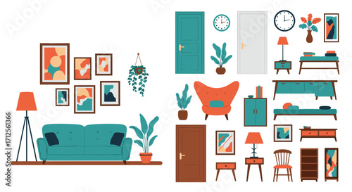 Collection of mid-century modern furniture and home decor items.