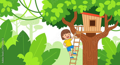 Happy Child Climbing Ladder to Secret Treehouse Hidden Within Green Lush Foliage