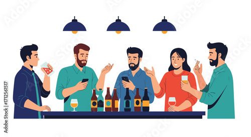 Friends enjoying drinks and conversation at a bar.