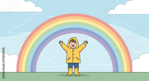 Happy Child Experiencing Joy Under The Arch Of A Vibrant Rainbow After The Rain