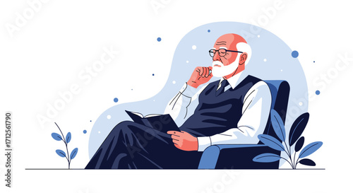 An elderly psychologist thoughtfully contemplates a patient's case in his office.