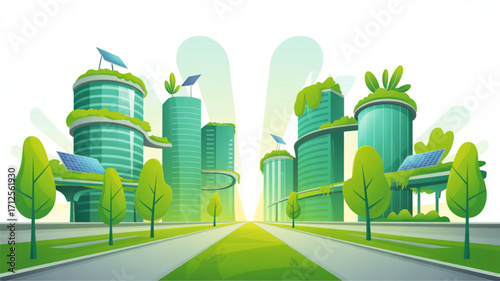 Eco friendly sustainable city illustration with green buildings and renewable energy sources stock vector design