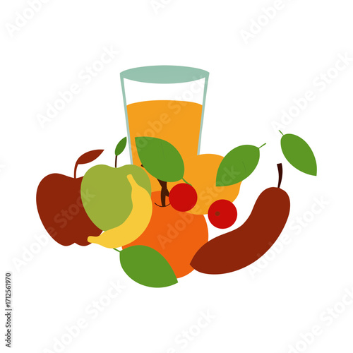 Vector art illustration of fruit juice in a transparent glass glass among fresh fruits and vegetables