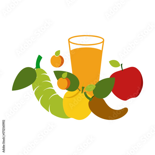 Vector art illustration of fruit juice in a transparent glass glass among fresh fruits and vegetables