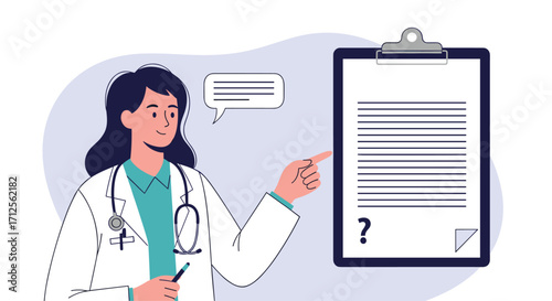 A doctor explains a medical document with a question mark.