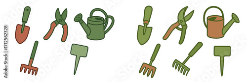 Gardening tools arranged for planting flowers and vegetables in spring season