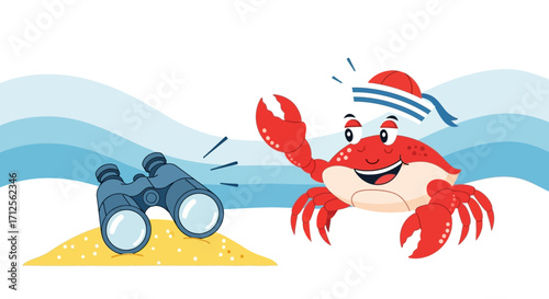 Happy Crab With Binoculars on Sandy Beach in a Playful Sea Adventure Cartoon