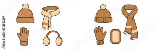 Warm winter accessories collection with hats, scarves, gloves, and earmuffs for chilly days
