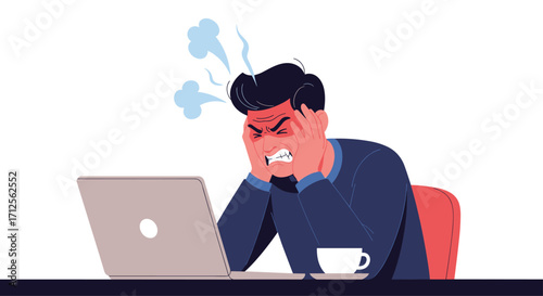 Frustrated man experiencing anger and stress while working on his laptop.