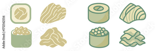 Illustrations of various sushi types showcasing traditional Japanese cuisine with distinct ingredients and presentation styles
