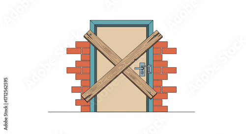 A sealed door made of wood and bricks blocks access to the room.