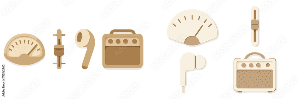 Fototapeta premium Musical equipment and tools displayed in a clean, minimalist design setting with a neutral color palette