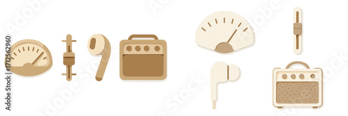 Musical equipment and tools displayed in a clean, minimalist design setting with a neutral color palette