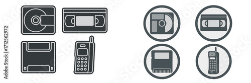 Vintage technology symbols showing cassette tapes, floppy disks, and old mobile phones in a retro style depiction