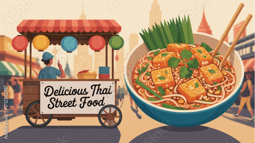 Delicious thai street food vendor with noodles and tofu in city background illustration art design