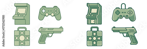 Various gaming controllers and arcade machines in a minimalist green style suitable for digital or print media
