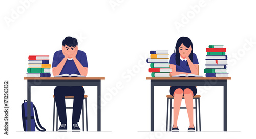 Two bored students struggling with their studies at their desks.