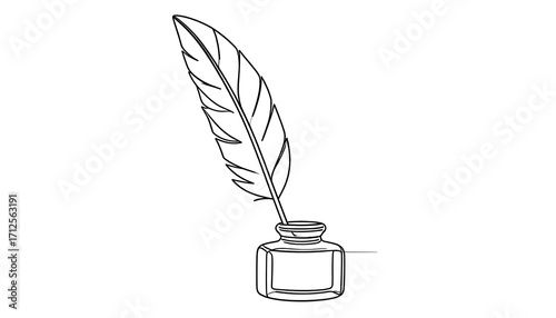 Simple line drawing of a quill and inkwell