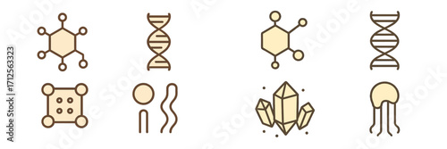 Symbols of science and nature displayed in a simple modern design with chemistry, biology, and geology elements