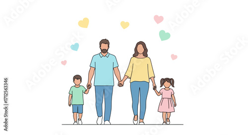 Happy Family Holding Hands, Together Walking With Hearts in the Air Over White Background
