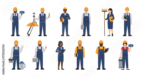A collection of construction workers with different tools and outfits.