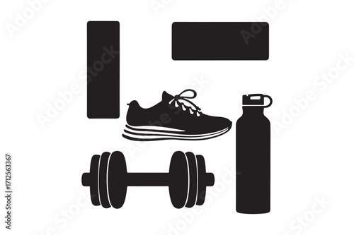 Fitness equipment silhouette collection for workout and exercise