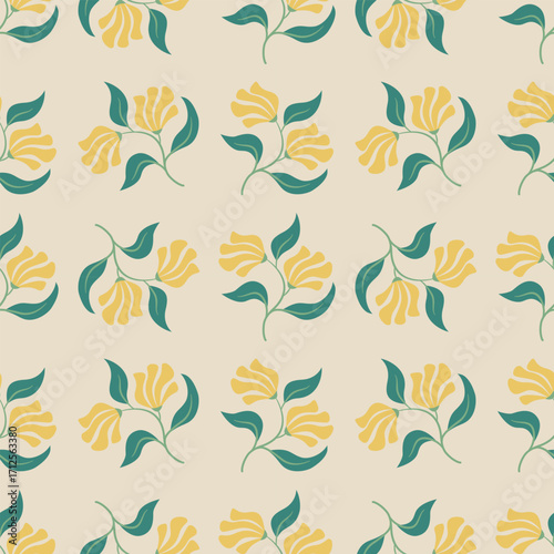 Seamless vintage floral pattern in soft beige and mustard yellow tones.