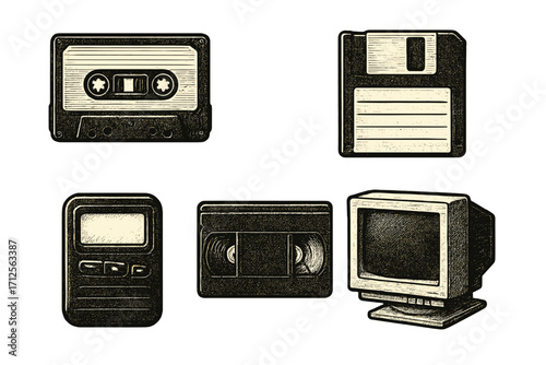 Retro technology collection featuring cassette tape, floppy disk, VCR, and computer monitor on a white background