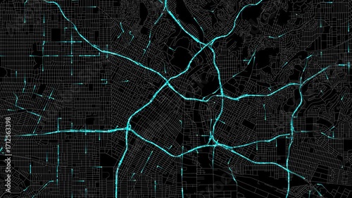Urban Traffic Flow Map Simulation in Los Angeles, California, GPS Smart city route Transportation