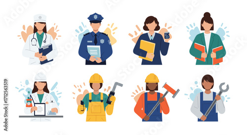 Diverse professions and occupations represented by stylized human figures.