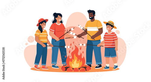 Happy Family Roasting Marshmallows Around A Bonfire On A Summer Night