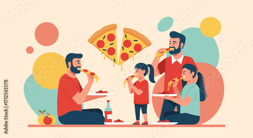 Happy Family Sharing Pizza Dinner Together, Cartoon Illustration Graphic Design