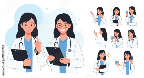 A set of illustrations featuring a female doctor.