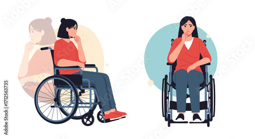 A woman in a wheelchair contemplates her thoughts and feelings.