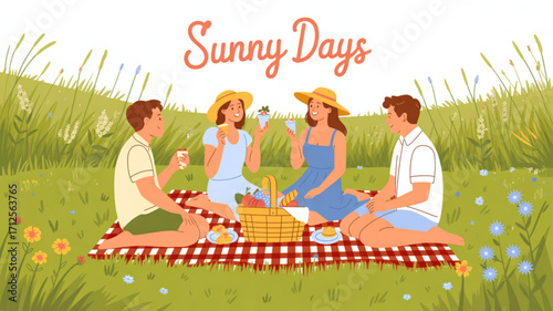 Family picnic illustration in summer park landscape with people eating and relaxing on a sunny day outdoors
