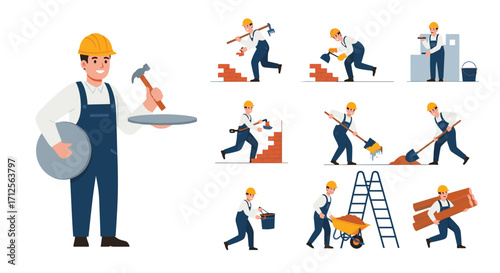 Construction workers performing various building and renovation tasks.