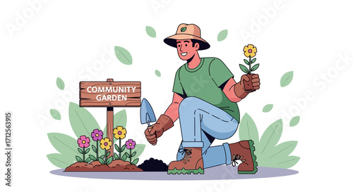 Happy Gardener Planting In A Community Garden With Colorful Flowers And Signage
