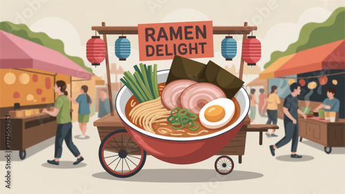 Delicious ramen noodle soup bowl at outdoor food market with japanese street food and asian cuisine concept