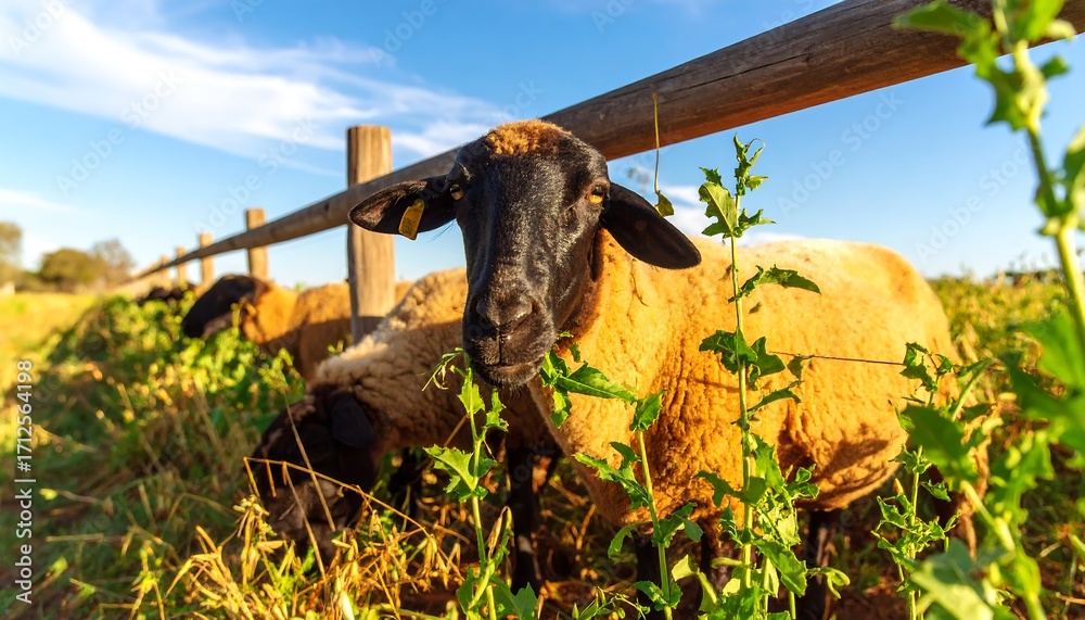 Fototapeta premium Sheep grazing in a field behind a wooden fence