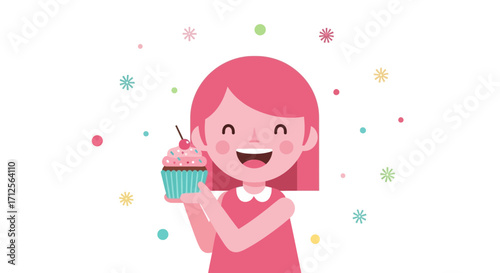 Happy Girl Holding A Delicious Cupcake Smiling At The Viewer With Decorative Elements