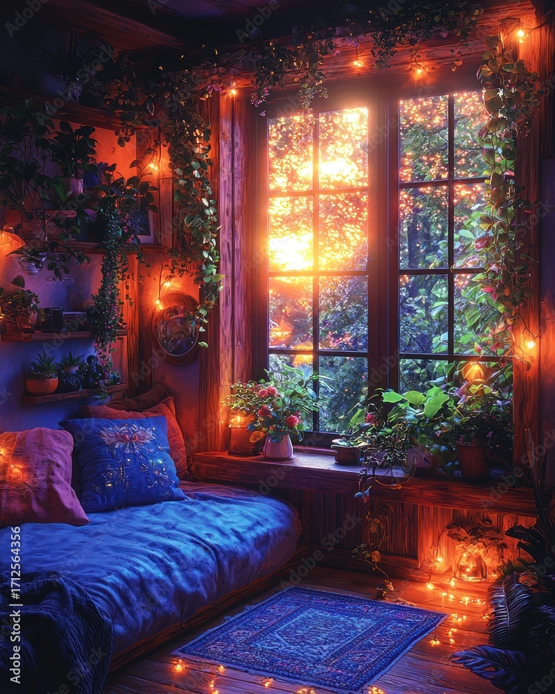Obraz premium Cozy Window Seat with Plants and Fairy Lights at Sunset