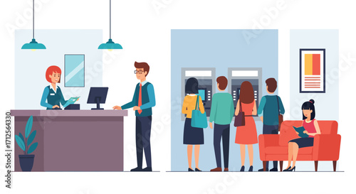 Bank services and people using atm machines.
