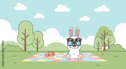 Happy Relaxing Rabbit Wearing Sunglasses Enjoying Sunny Day In The Park Scene