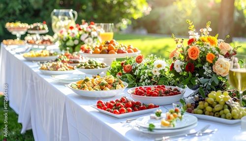 Outdoor buffet table laden with food and flowers