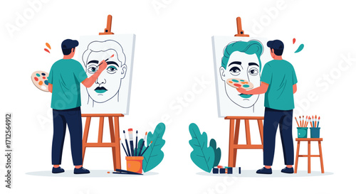 Two artists painting portraits on easels using colorful palettes and brushes.